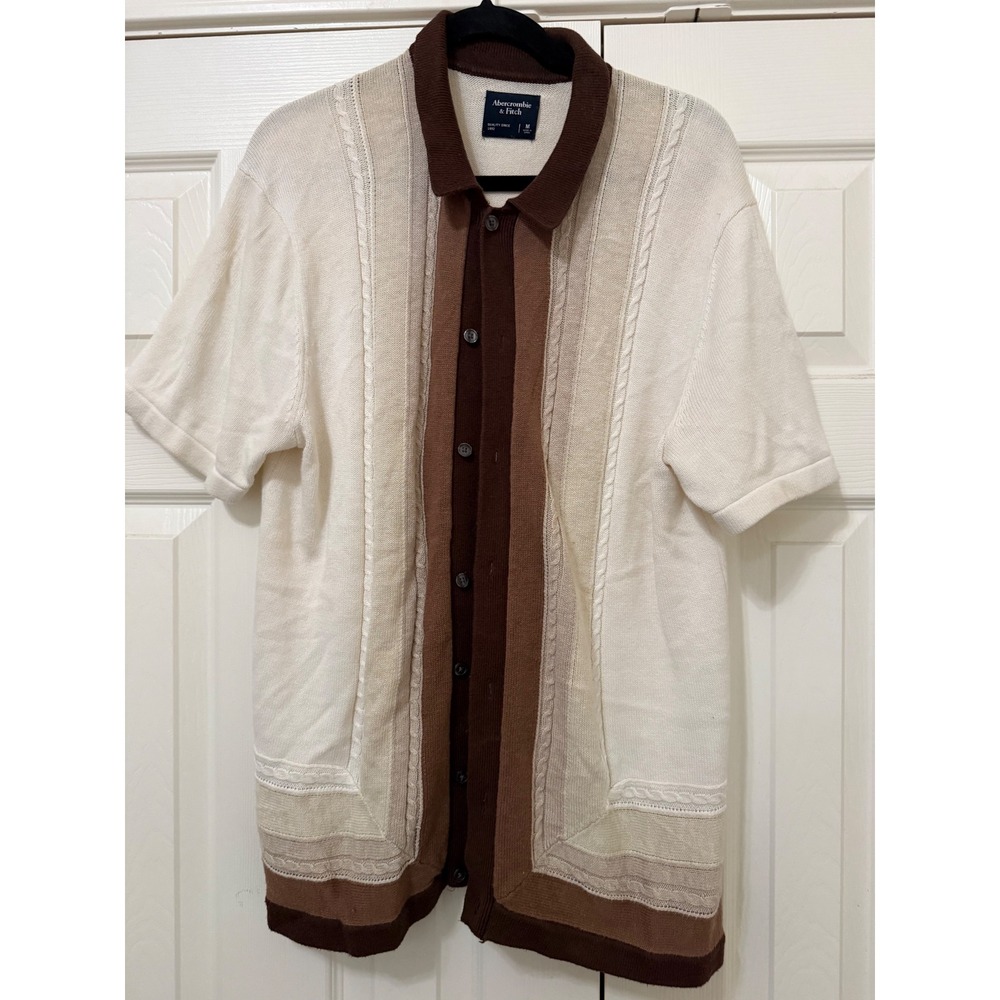 Abercrombie & Fitch Mens Medium Brown Cream Colorblock Knit Button Up Polo Shirt